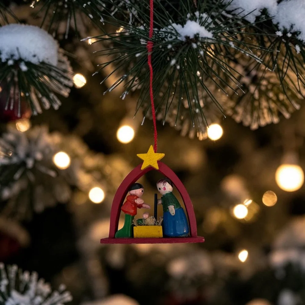 Vintage Wooden Nativity Scene Christmas Ornament Hand Painted Folk Art Religious
